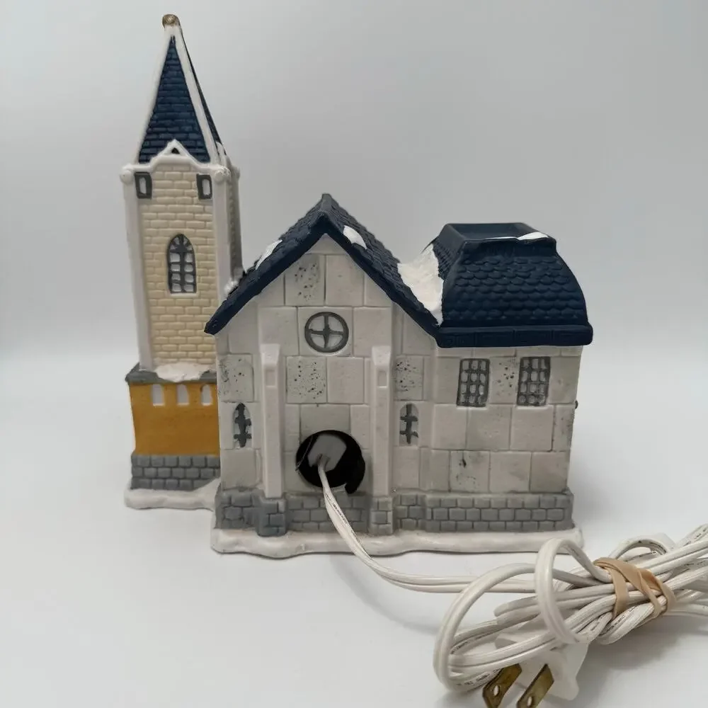 Holiday Snow Village Collectible Lighted Church & Cottage House Set Christmas